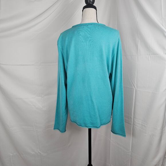 White Stag Cardigan Sweater Womens Large Teal Floral Button Front Knit Cottage - Picture 3 of 6
